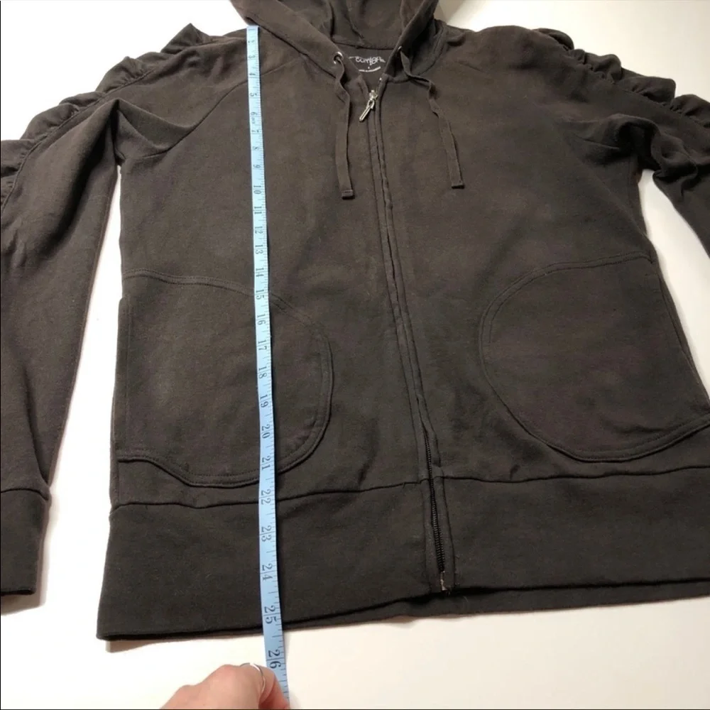 NEW York & Company Chocolate Brown Ruched Sleeve Pocket Zipup Hoodie SIZE S - Picture 12 of 12